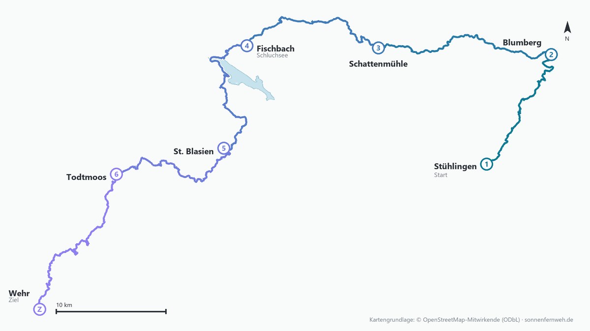 Karte des Schluchtensteigs mit allen sechs Etappen von Stühlingen nach Wehr und den Etappenorten