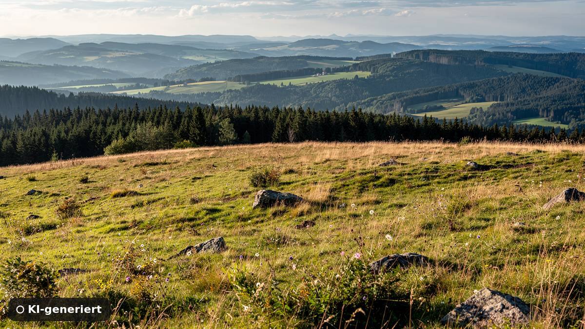 Offene Hochfläche mit Blick über bewaldete Hügel, der Gegenpol zu den engen Schluchten