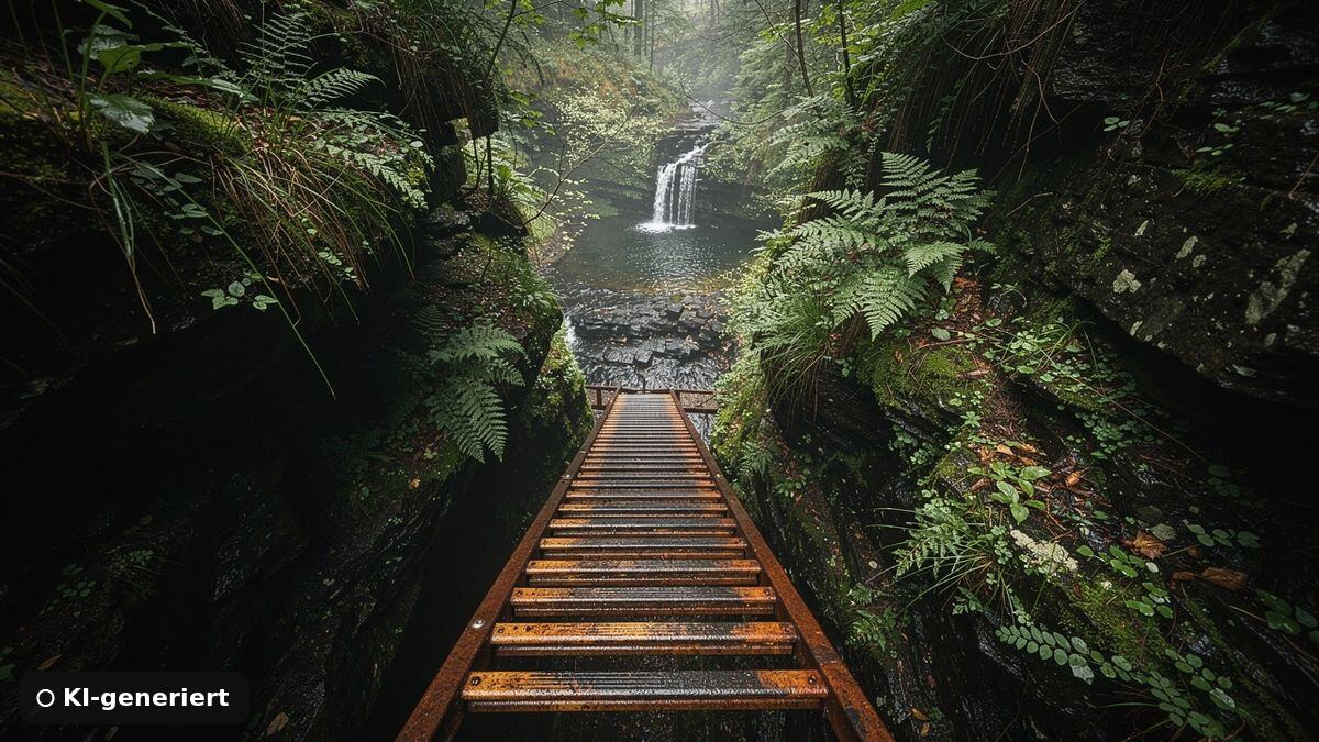 Steile Leiter führt in eine enge, feuchte Waldschlucht hinab zu einem Wasserfall