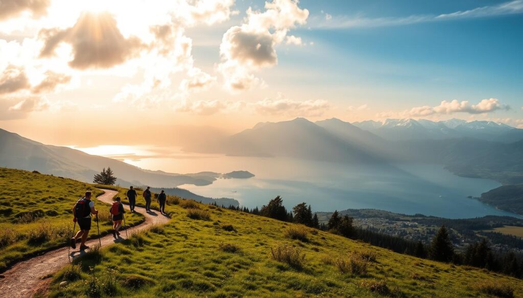Wandern am Bodensee: Wanderer auf einem Höhenweg mit Blick auf See und Alpen
