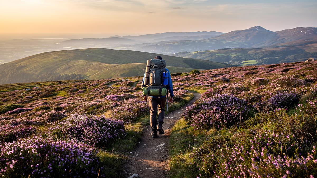 Wanderer mit Rucksack durch die blühende Niedersfelder Hochheide