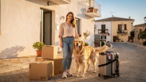 Frau mit Hund beim Auswandern im Ausland