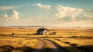 Einsames Farmhaus in der kanadischen Prärie unter weitem Himmel