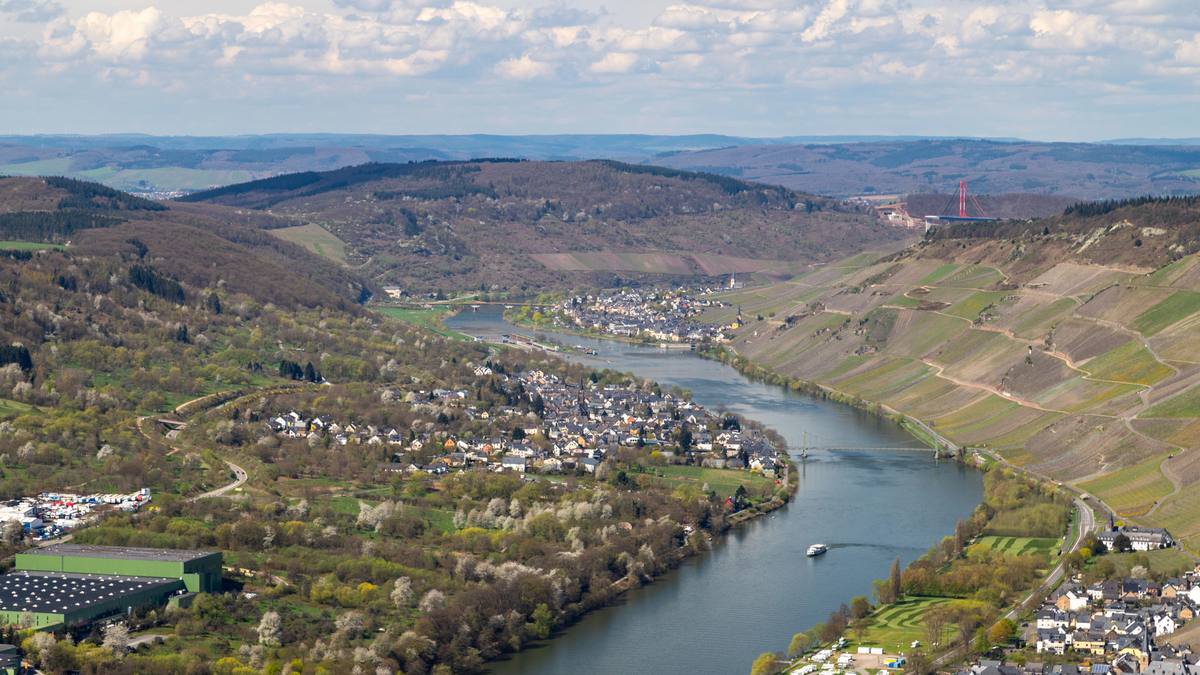 Moselradweg: Luftbild des Flusstals mit Weinbergen