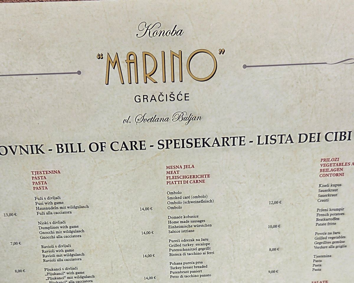 Speisekarte der Konoba Marino in Gračišće mit Preisen in Euro